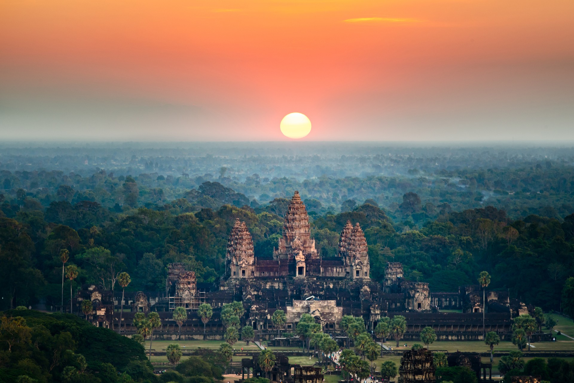 The iconic ancient site of Angkor Wat in Siem Reap The view of a beautiful sunrise at Angkor Wat