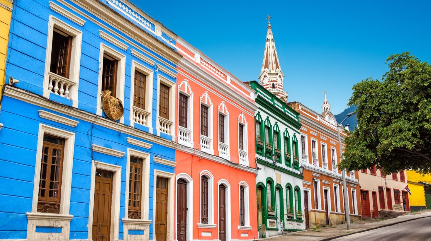 Colorful building in La Candelaria neighborhood in the historic center of B