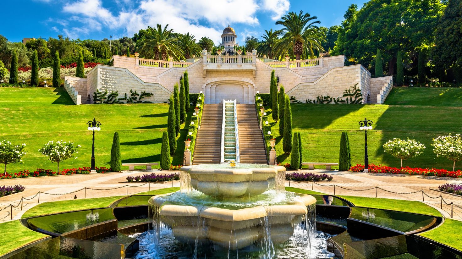 The pristine shrine of Bab and the lower terraces at Bahai World Center