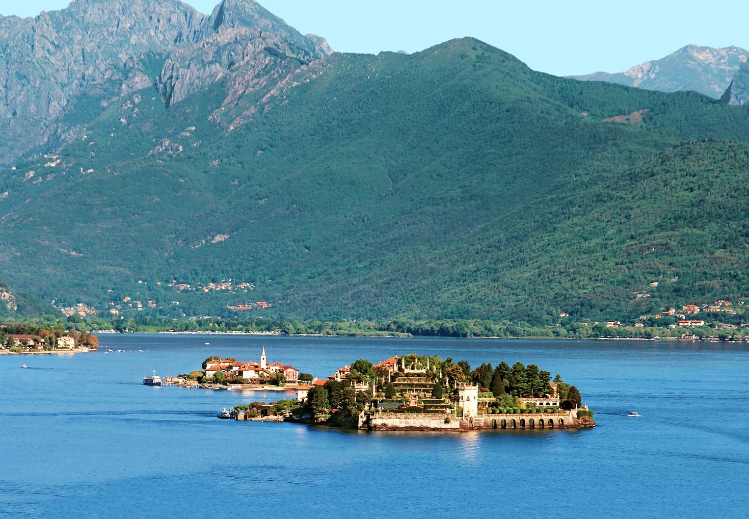The Borromean Islands with hills in the distance in Italy. 