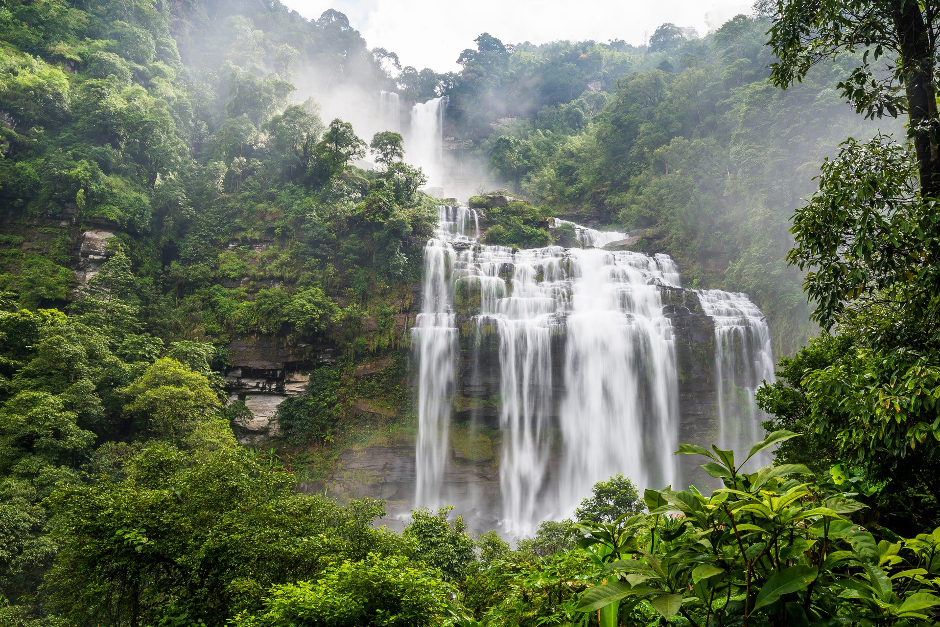 Trail to the beautiful waterfall in the Bolaven Plateau Waterfall on a cliff in the tropical rainforest in the Bolaven Plateau