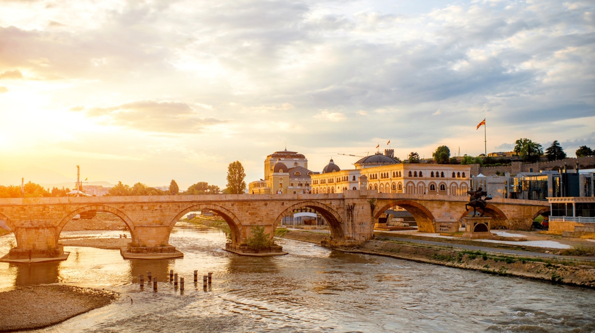 The monumental Stone Bridge in Skopje, connects the old and new part of Skopje city The Stone Bridge by the sunset in Skopje, Macedonia.