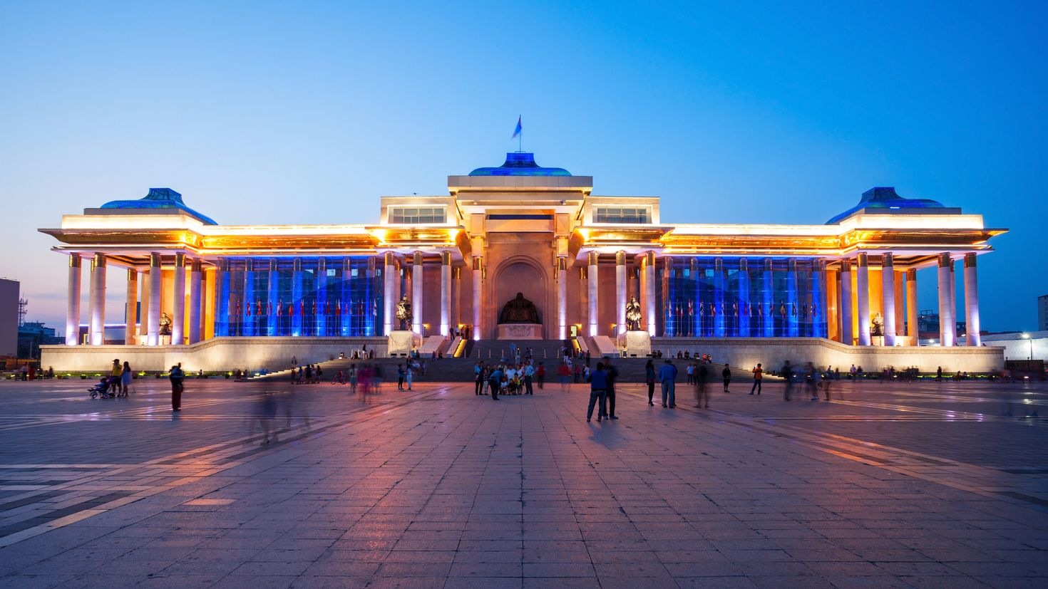 The Government Palace at night in Chinggis Square, Ulaanbaatar