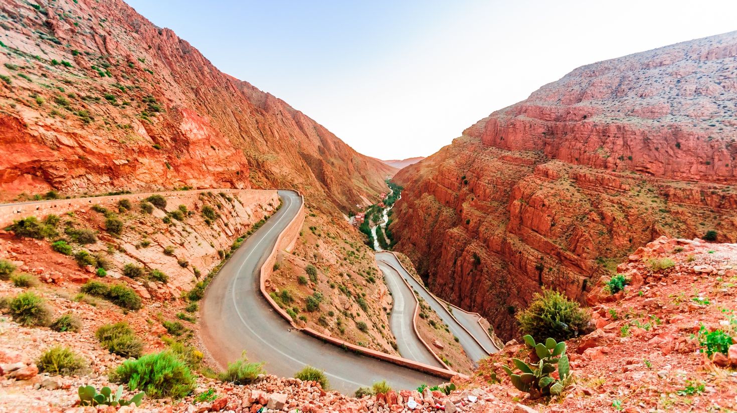 The Todra Gorge in Morocco is made of limestone and split by the river bed.