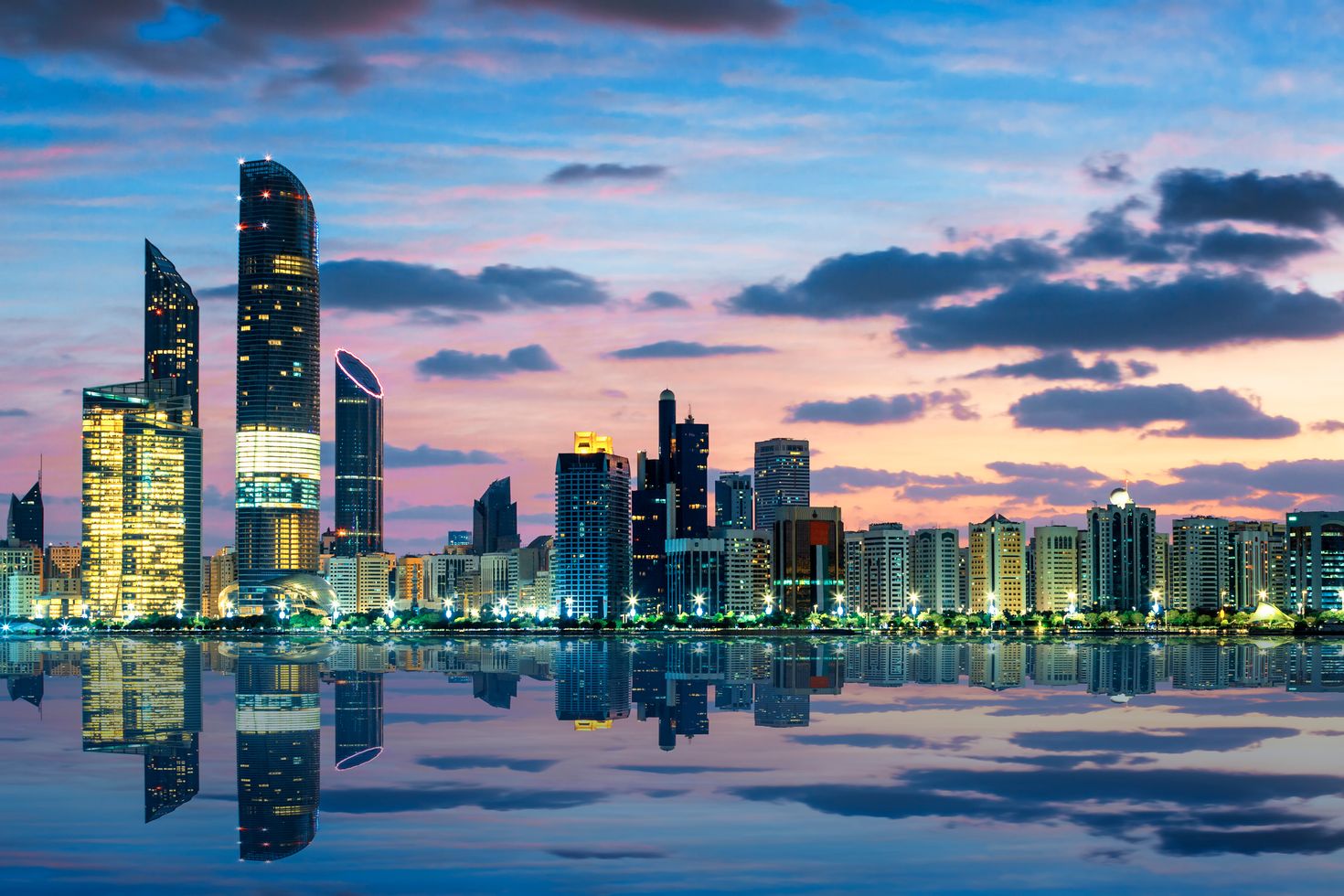 The view of Abu Dhabi Skyline at sunset