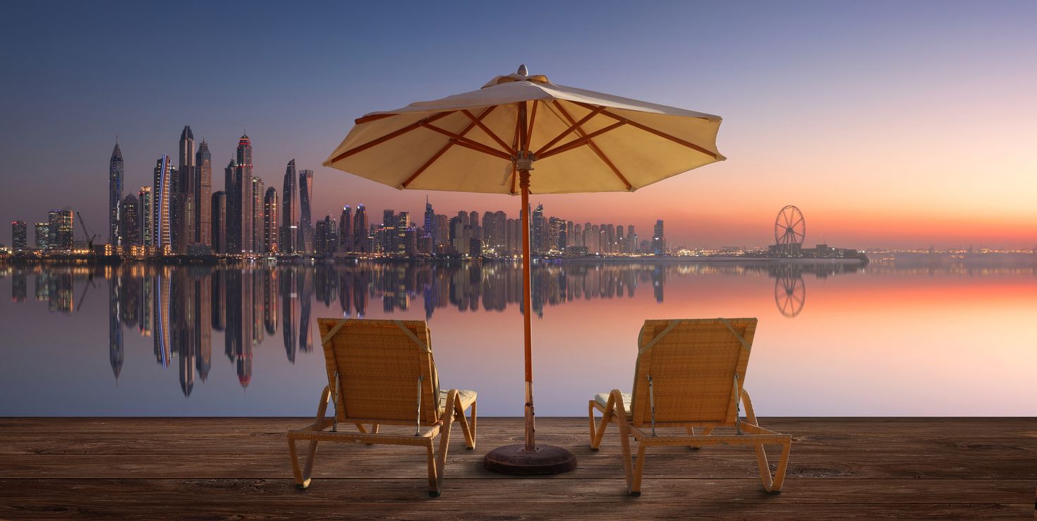 The view of skyline of Dubai Marina on the horizon