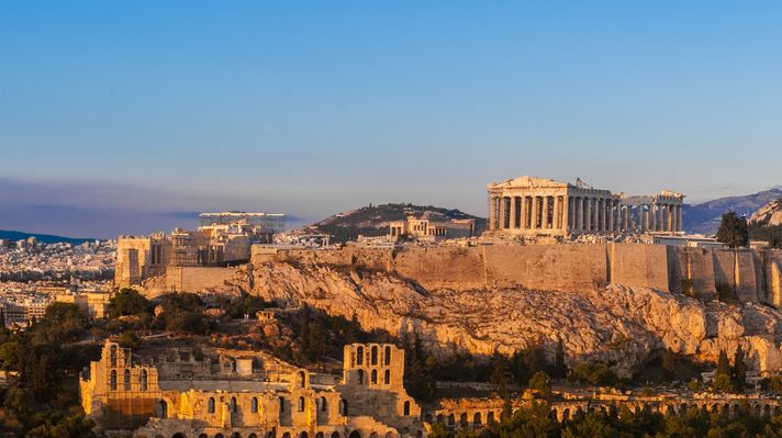 Acropolis Hill, Parthenon, Athens, Greece. Odeon Herodes Atticus. Golden Tw