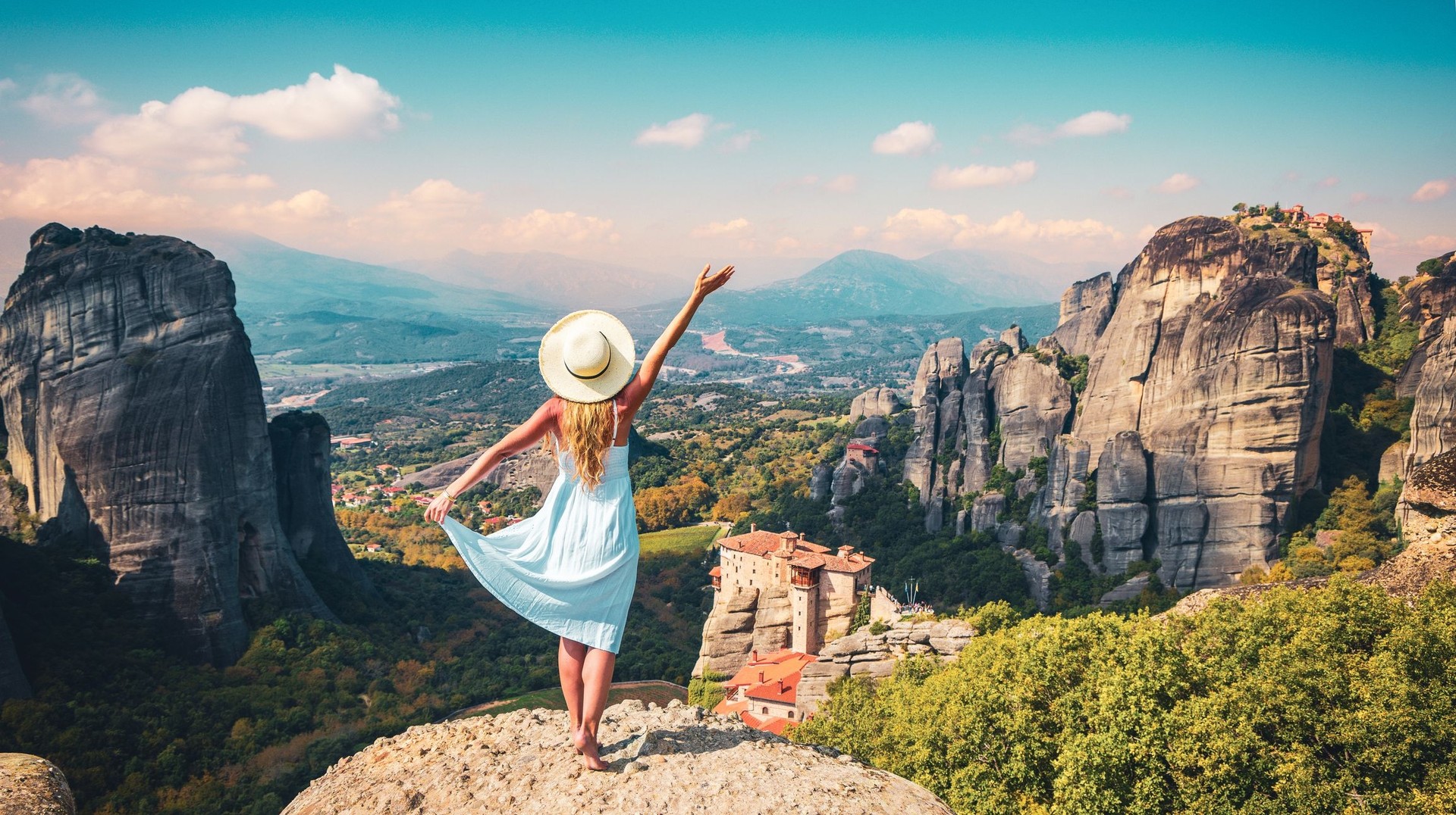 A tourist girl in Meteora during dusk on her 6 days in Greece.