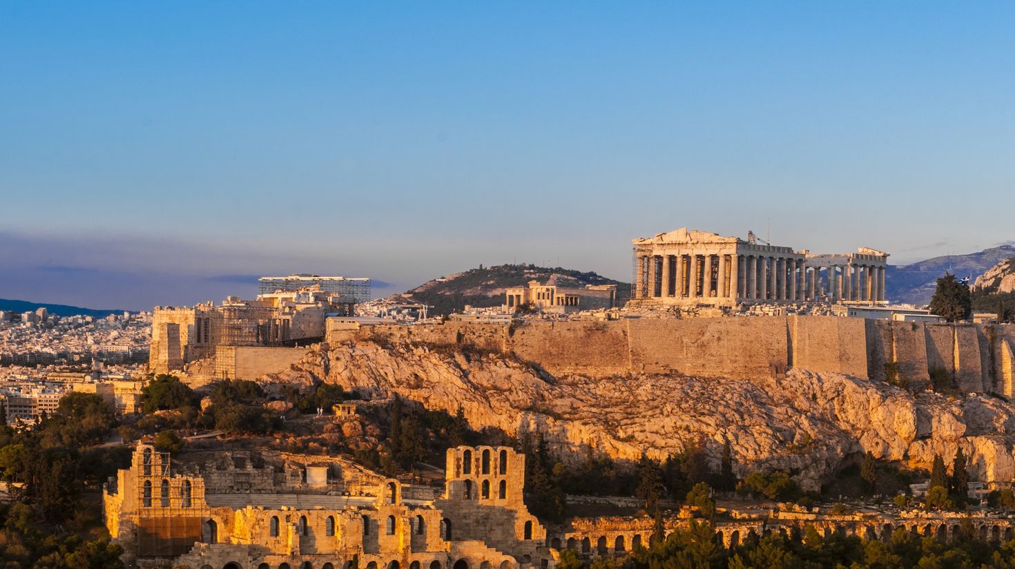 Acropolis Hill, Parthenon, Athens, Greece. Odeon Herodes Atticus. Golden Tw