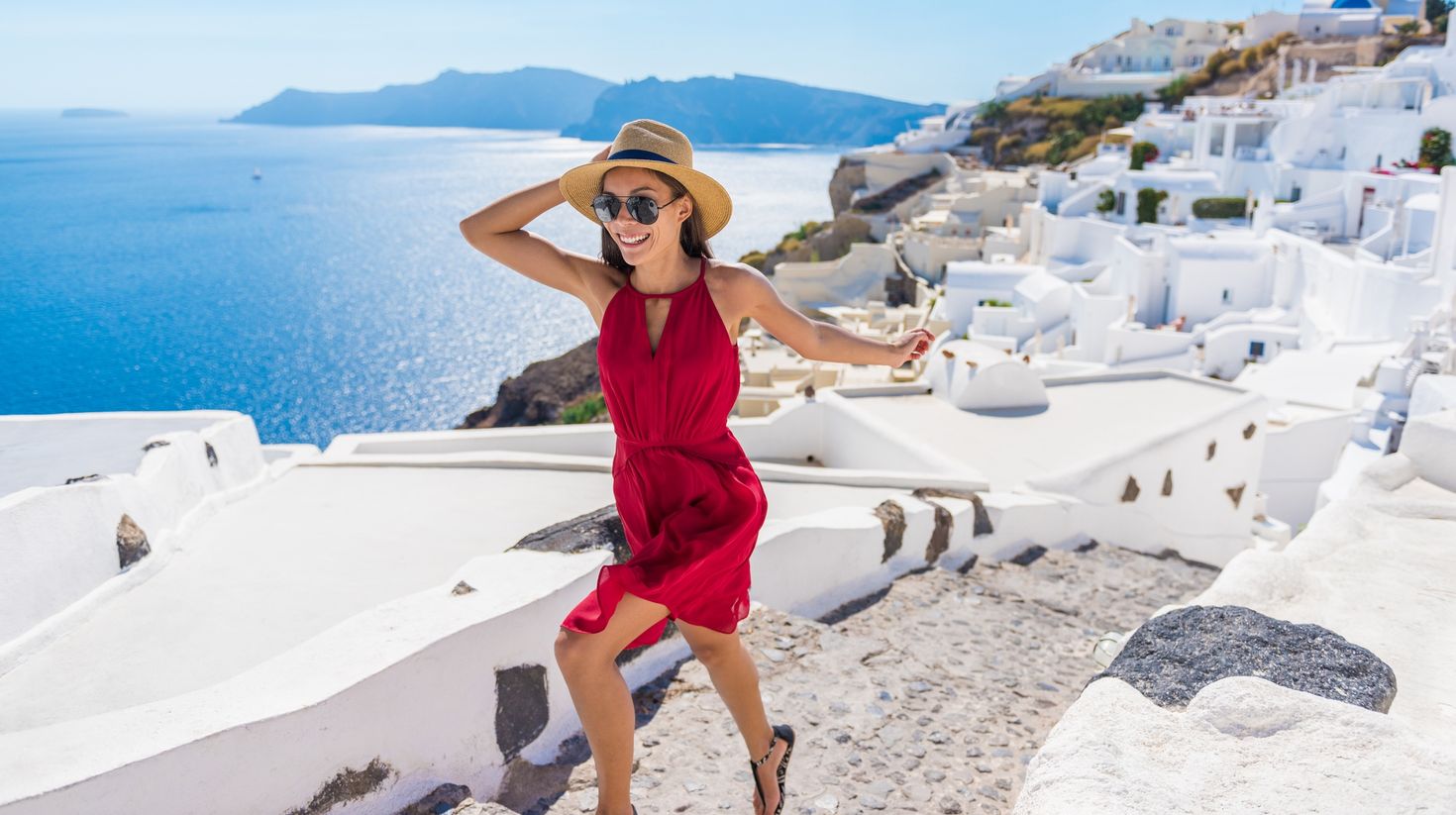 Travel Tourist Happy Woman Running Stairs Santorini, Greek Islands