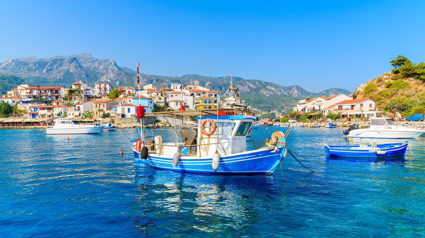 Fishing boat in Kokkari port, Samos island, Greece