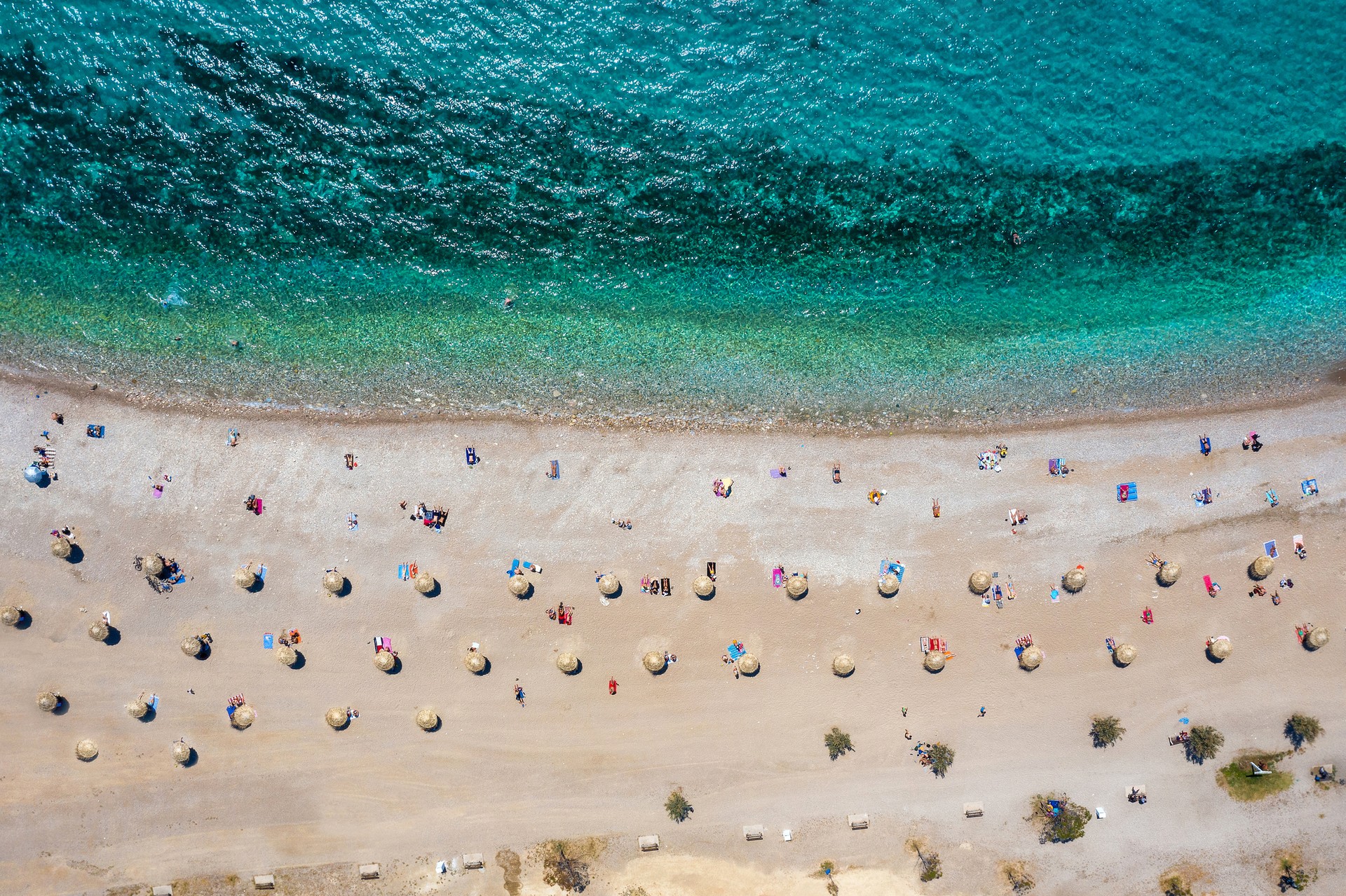 Aerial top-down view of the beach of Glyfada district, south Athens Riviera during a Greece trip in March