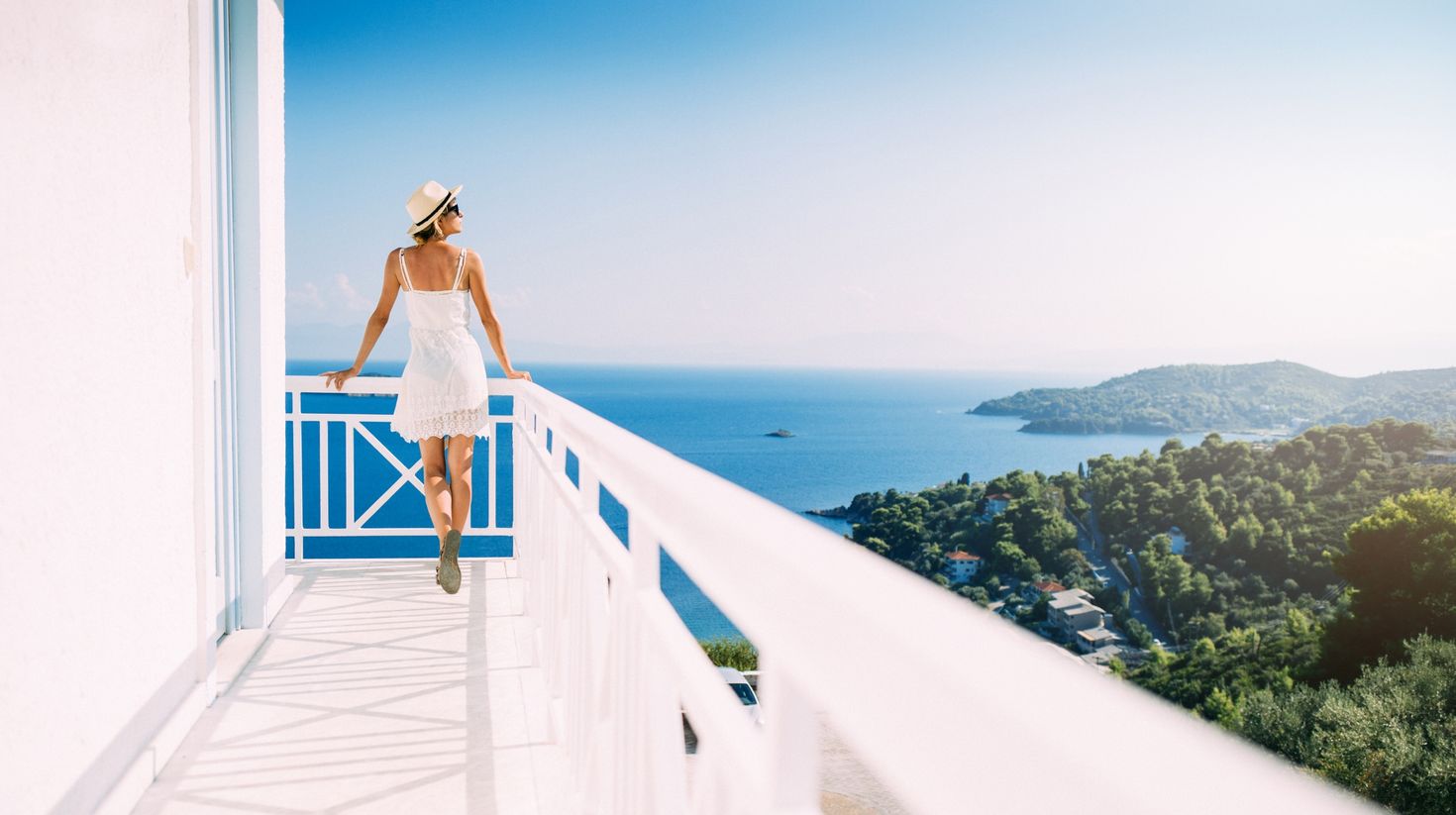 Girl posing on the Mediterranean island in Greece in May