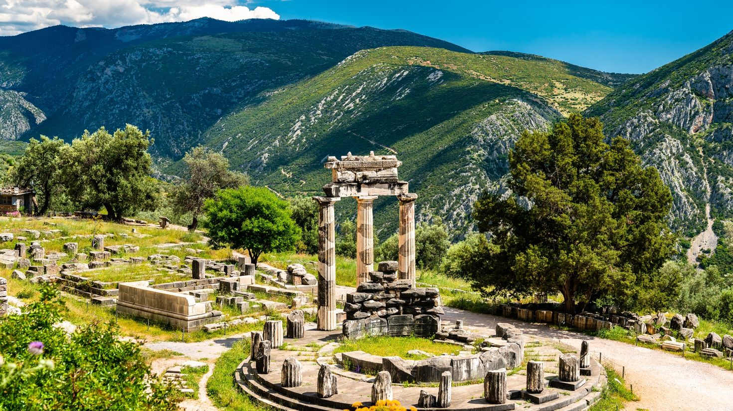 Temple of Athena Pronania at Delphi during spring season in Greece.