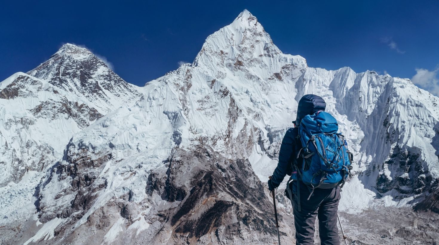 A trekking looking at the road ahead at Everest Base Camp.