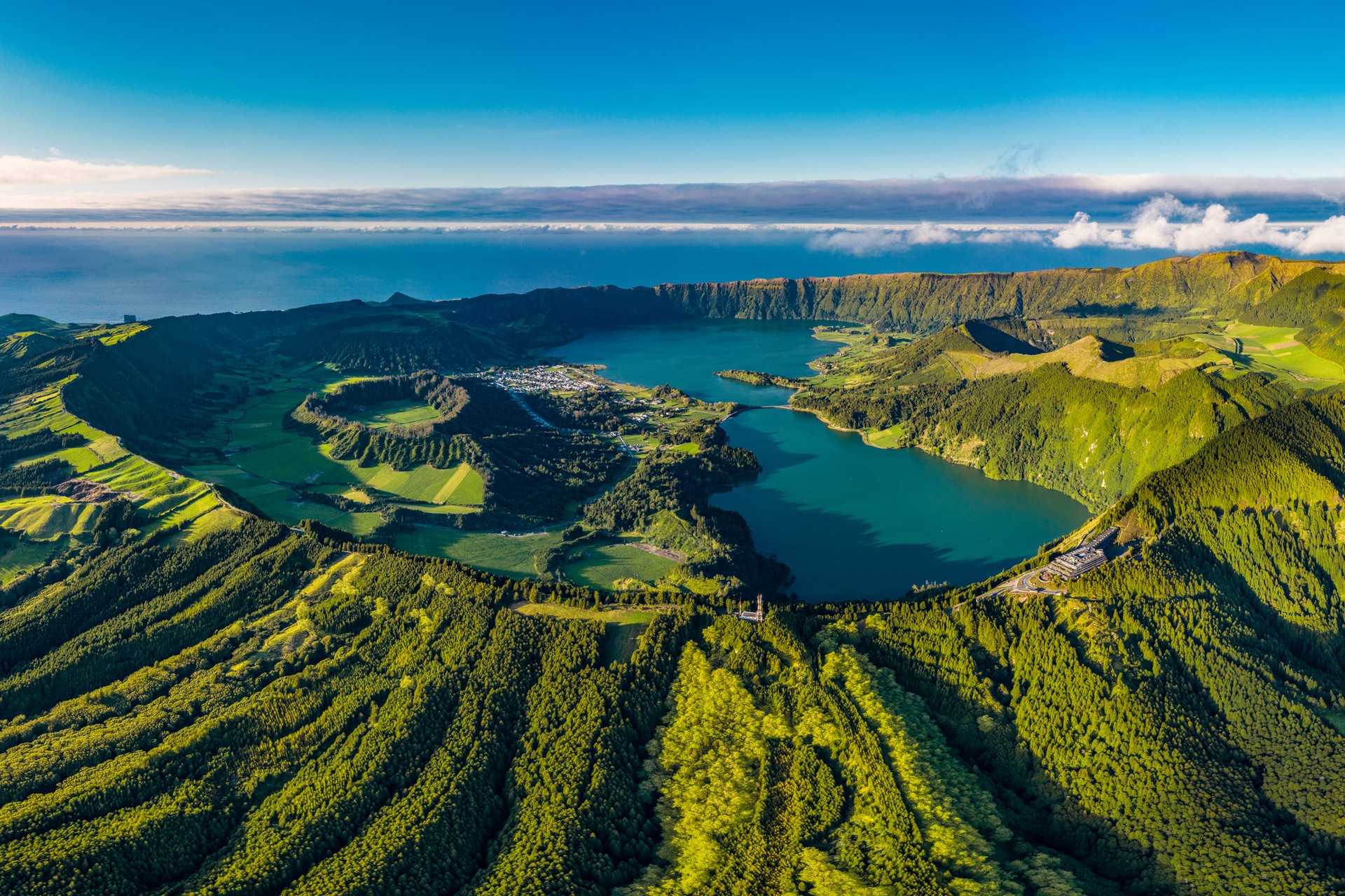 Sete Cidades on São Miguel Island are famous for the iconic twin lakes. A lush island made of volcanic crater with two lakes in the middle.