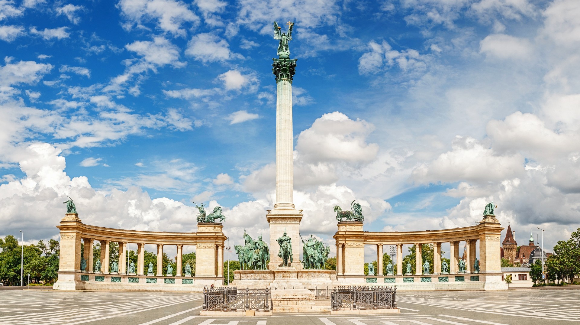 View Heroes Square on a sunny day in Hungary in December.