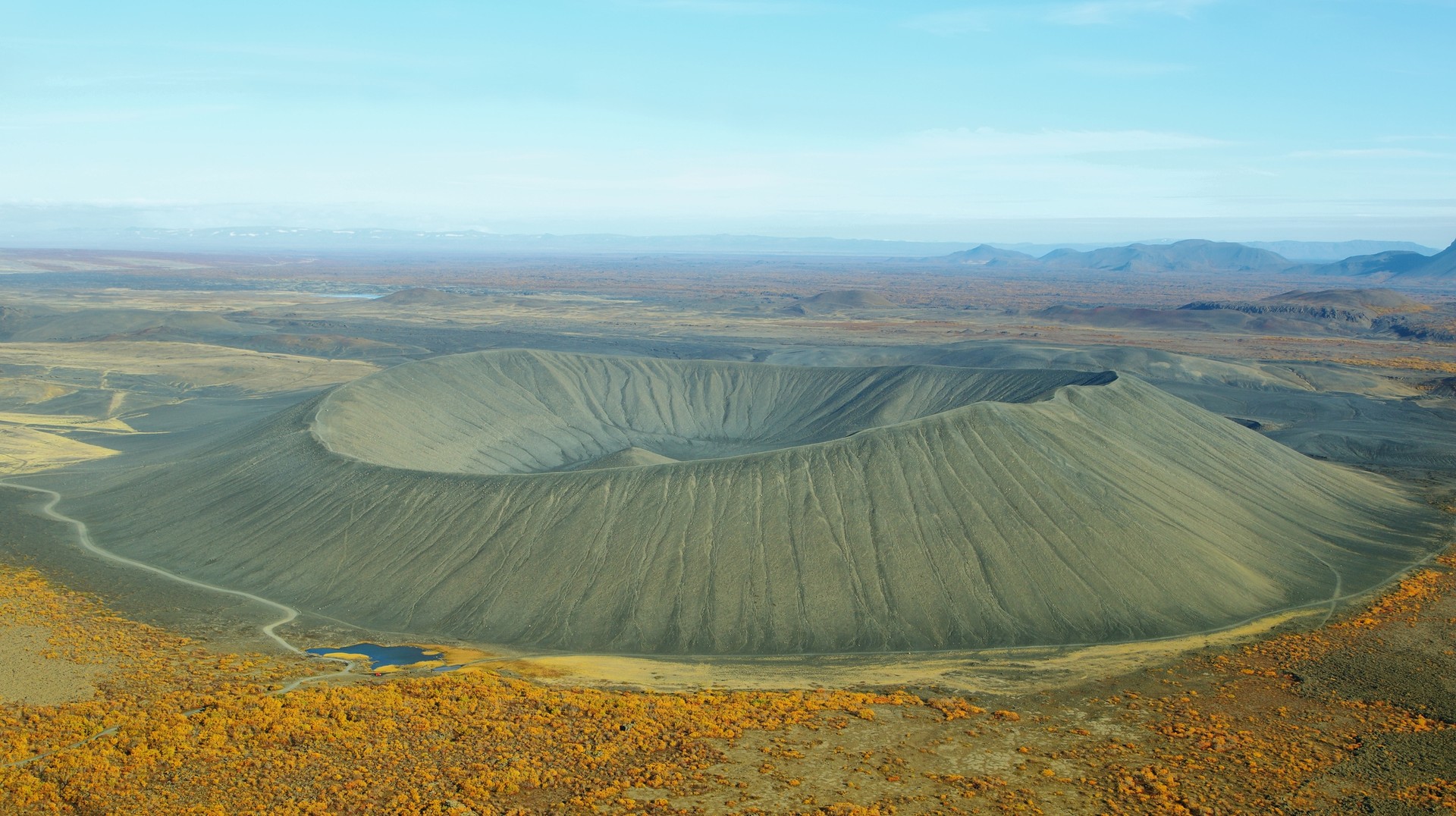 An aerial view of Hverfjall volcano in Iceland Hverfjall is one of the most popular volcanoes in Iceland.