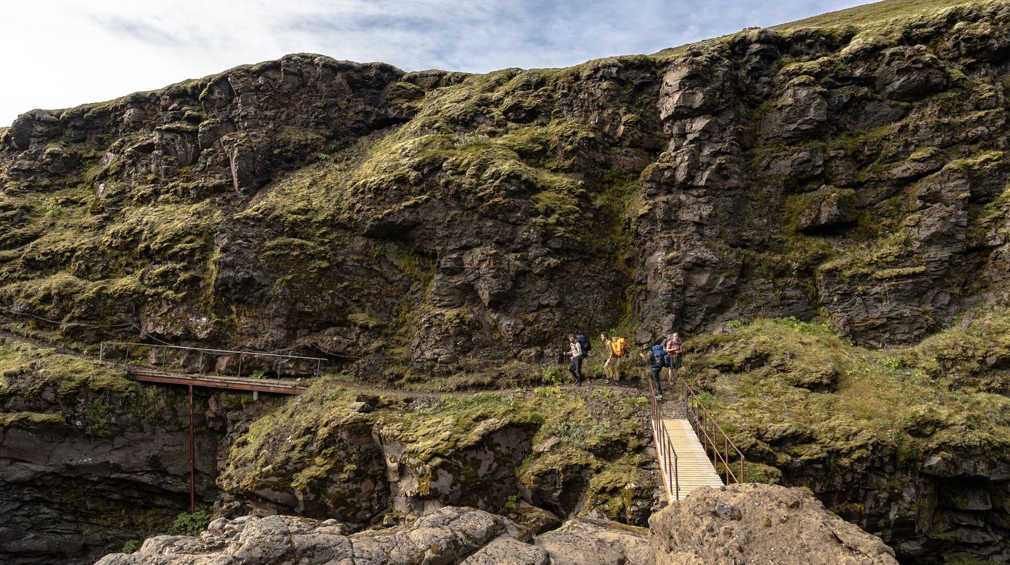 Tourists hiking the Laugavegur trail.