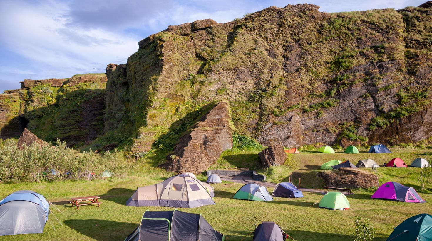 Camps set up in Vik during the peak season of August.