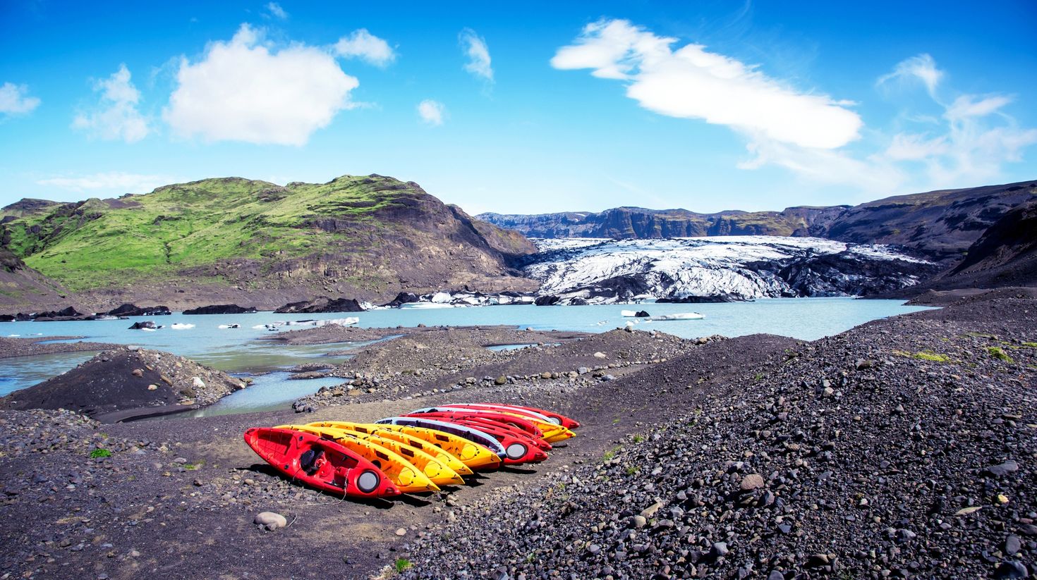 Canoes parked in Solheimajokull during July.