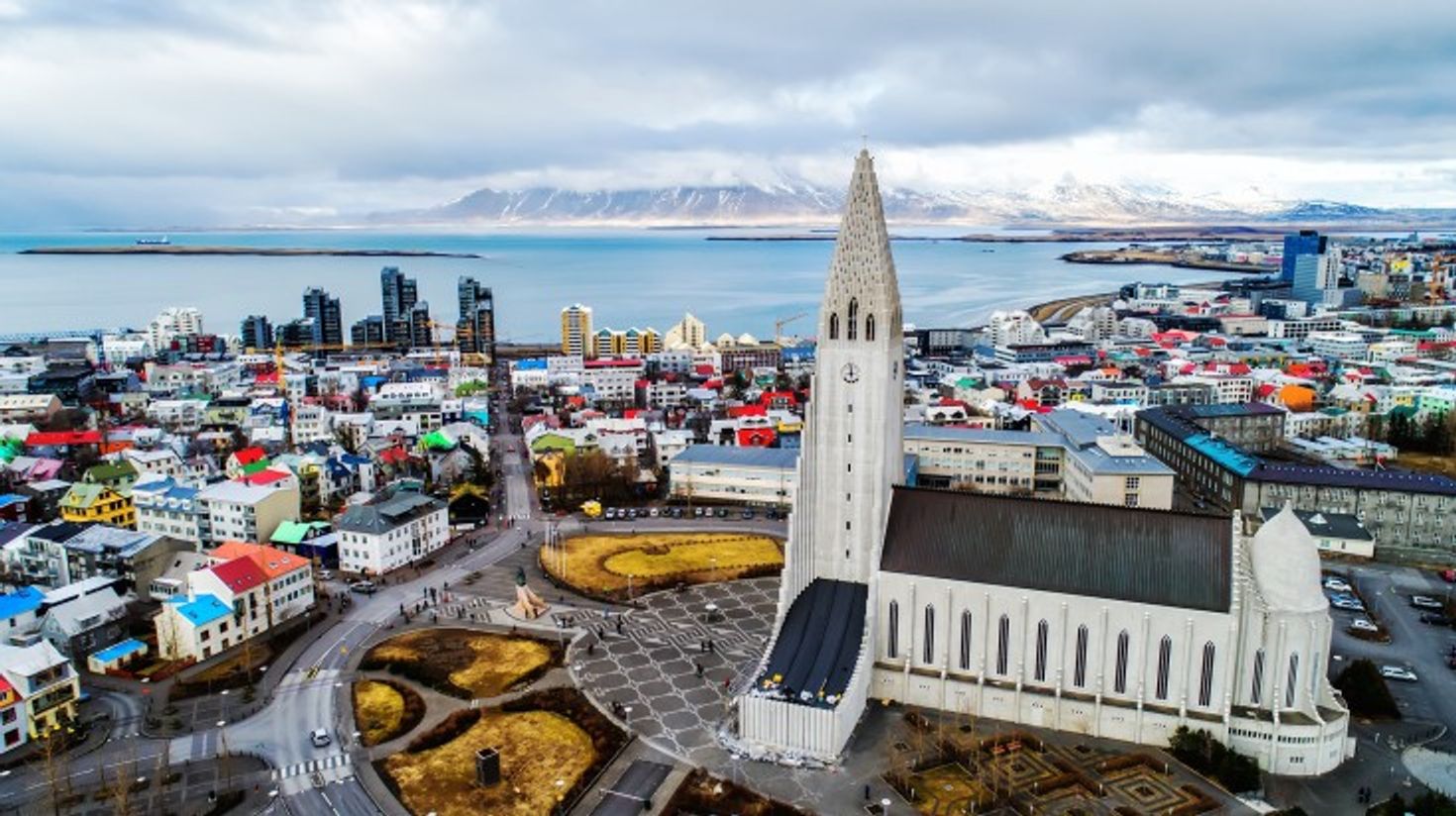Aerial view of famous Hallgrimskirkja Cathedral and the city of Reykjavik.