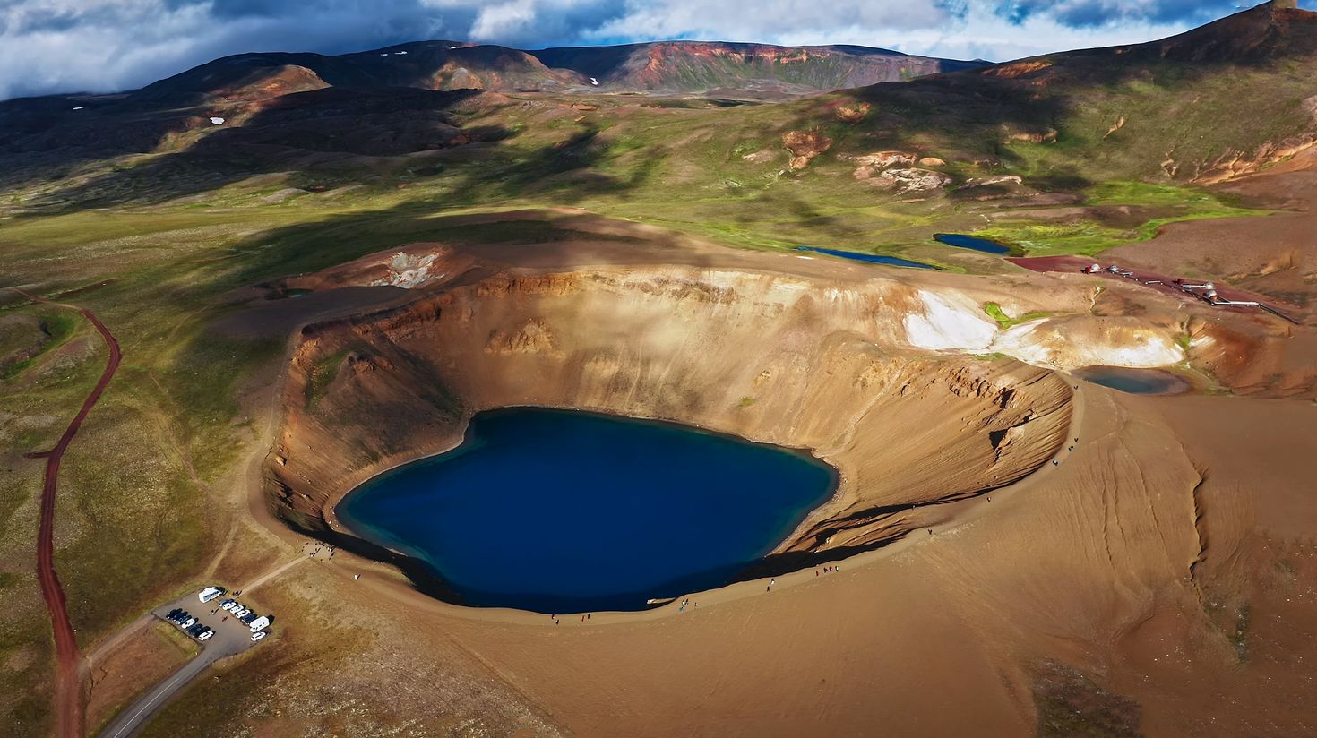 Aerial view of Hverfjall crater and its car parking.