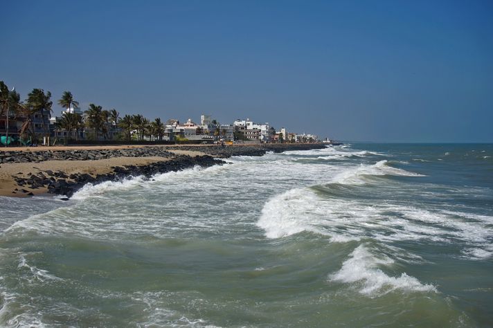 A seaside town with palm trees.