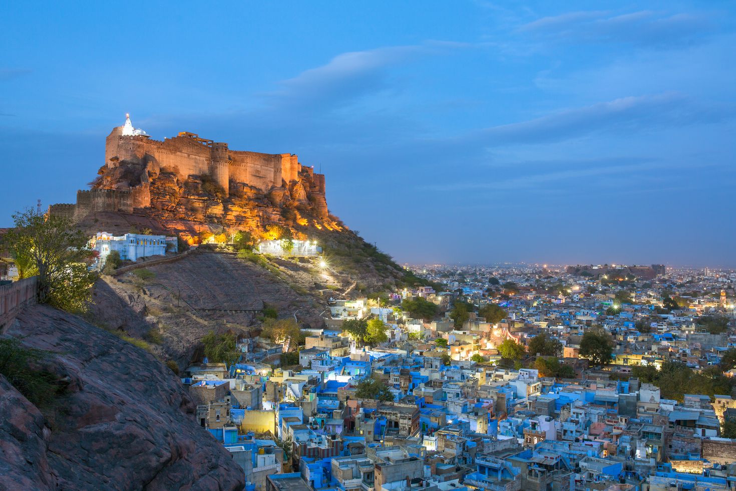 Blue city and Mehrangarh fort on the hill at night in Jodhpur, Rajasthan