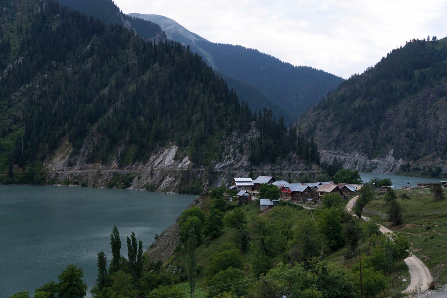 Davar valley with river and houses, Gurez, Kashmir, India in August