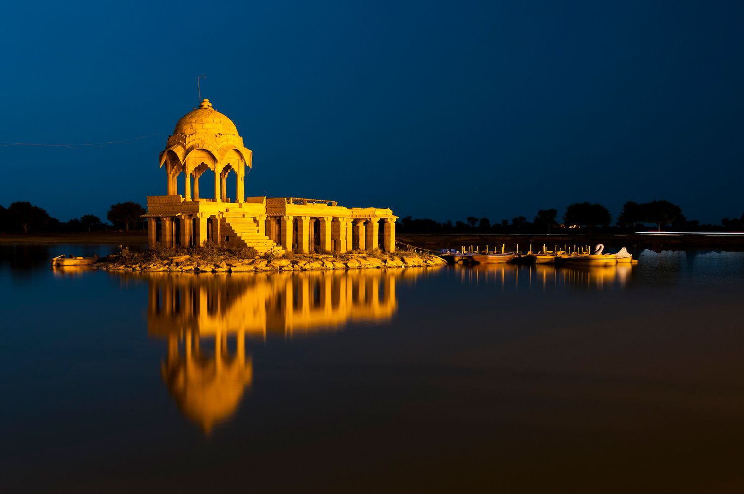 Illuminated building at Gadsisar Lake, Jaisalmer, Rajasthan, India
