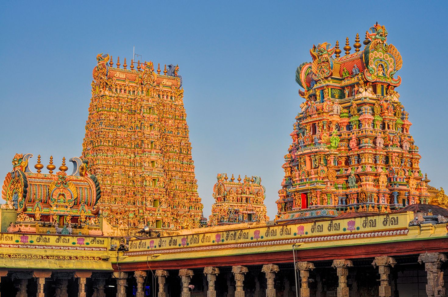 Elaborately carved and colored temples in India