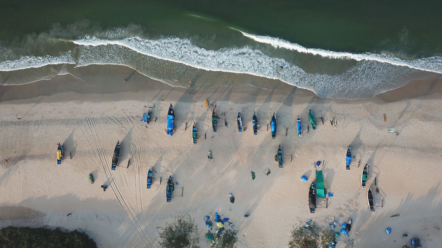 Aerial image of Benaulim beach, South Goa, India in January