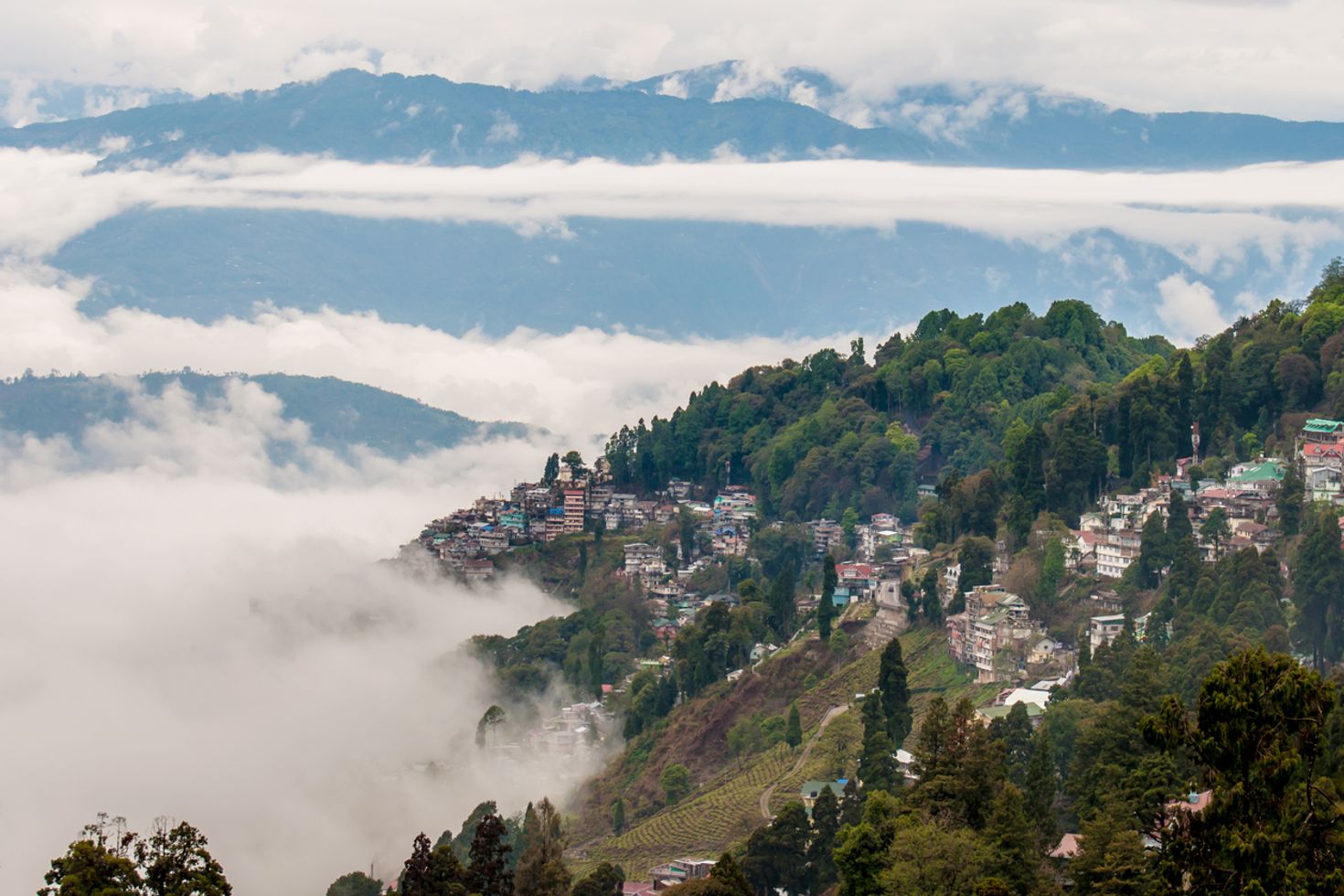 View of fog in the town of Darjeeling, India in May