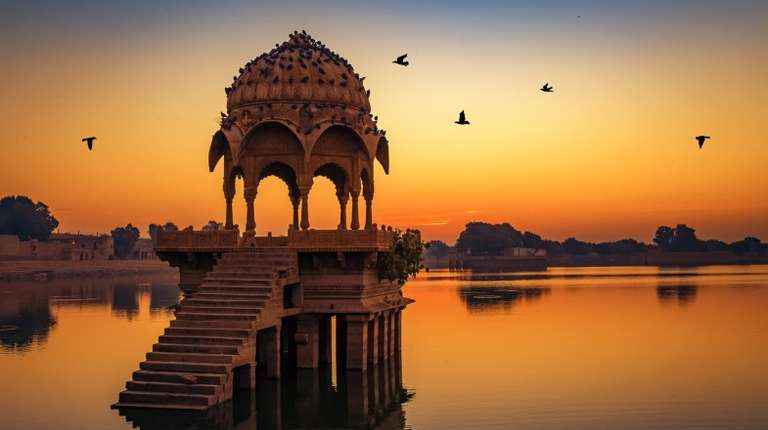 Gadisar lake at Jaisalmer Rajasthan at sunrise in India in October.