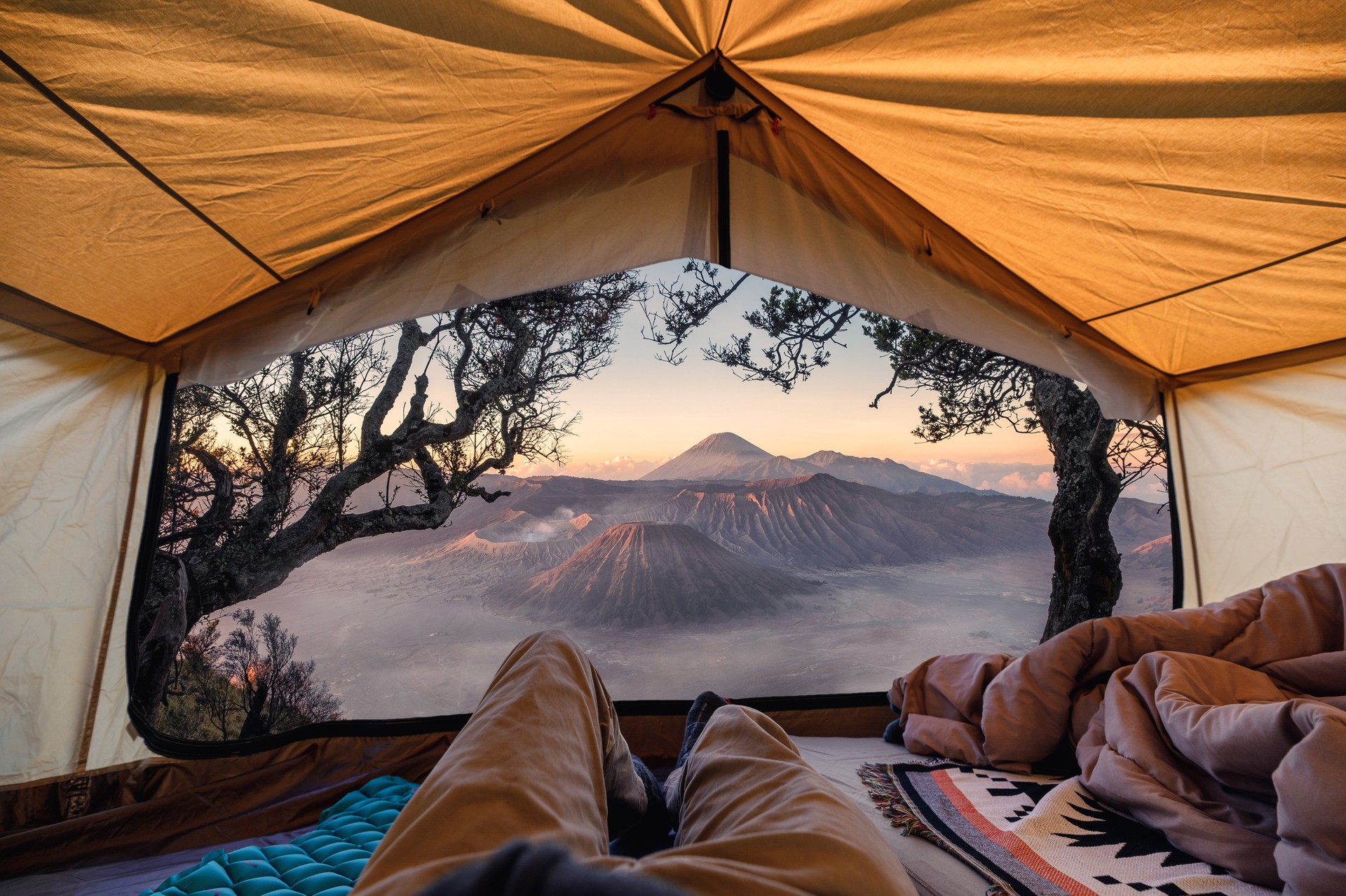 View of Bromo active volcano inside a tent in the morning at Bromo Tengger