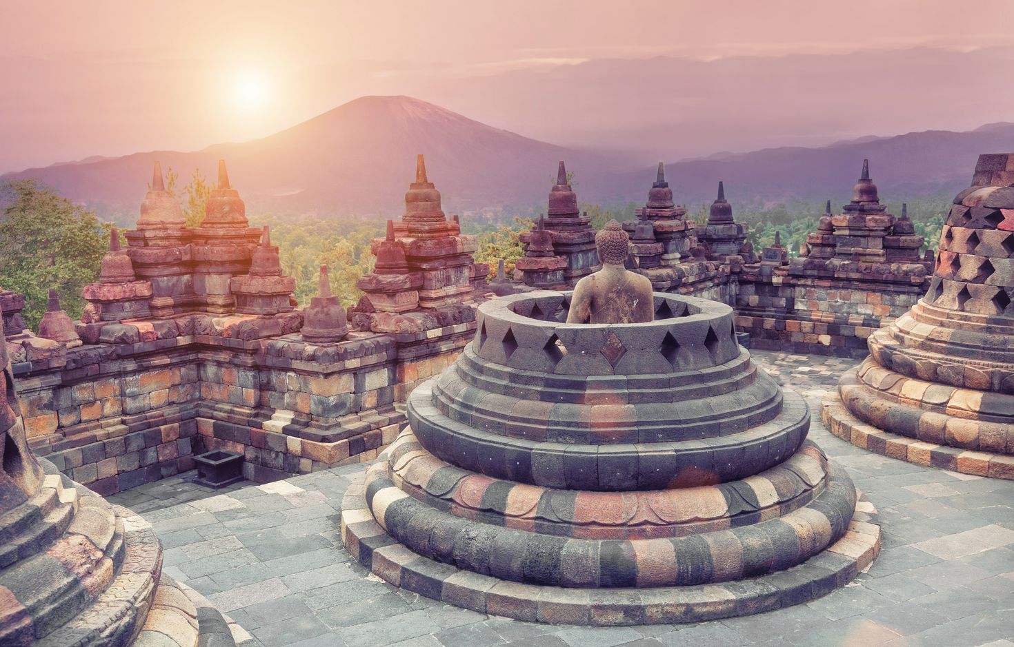 Borobudur Temple during sunrise in Indonesia in October.
