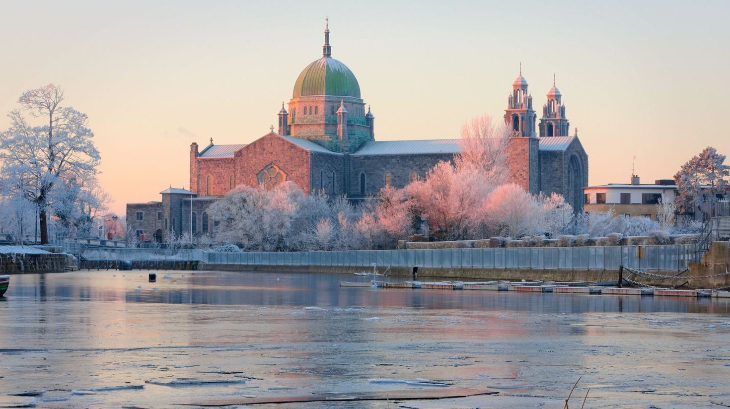 Frozen River Corrib near Galway Cathedral as seen on a winter morning.