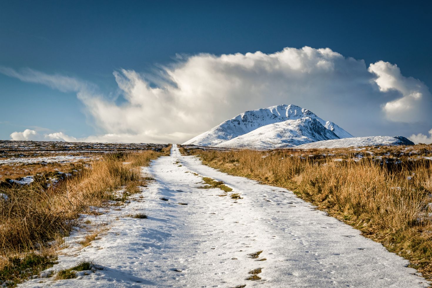 View of snow capped Errigal mountain during Donegal in winter