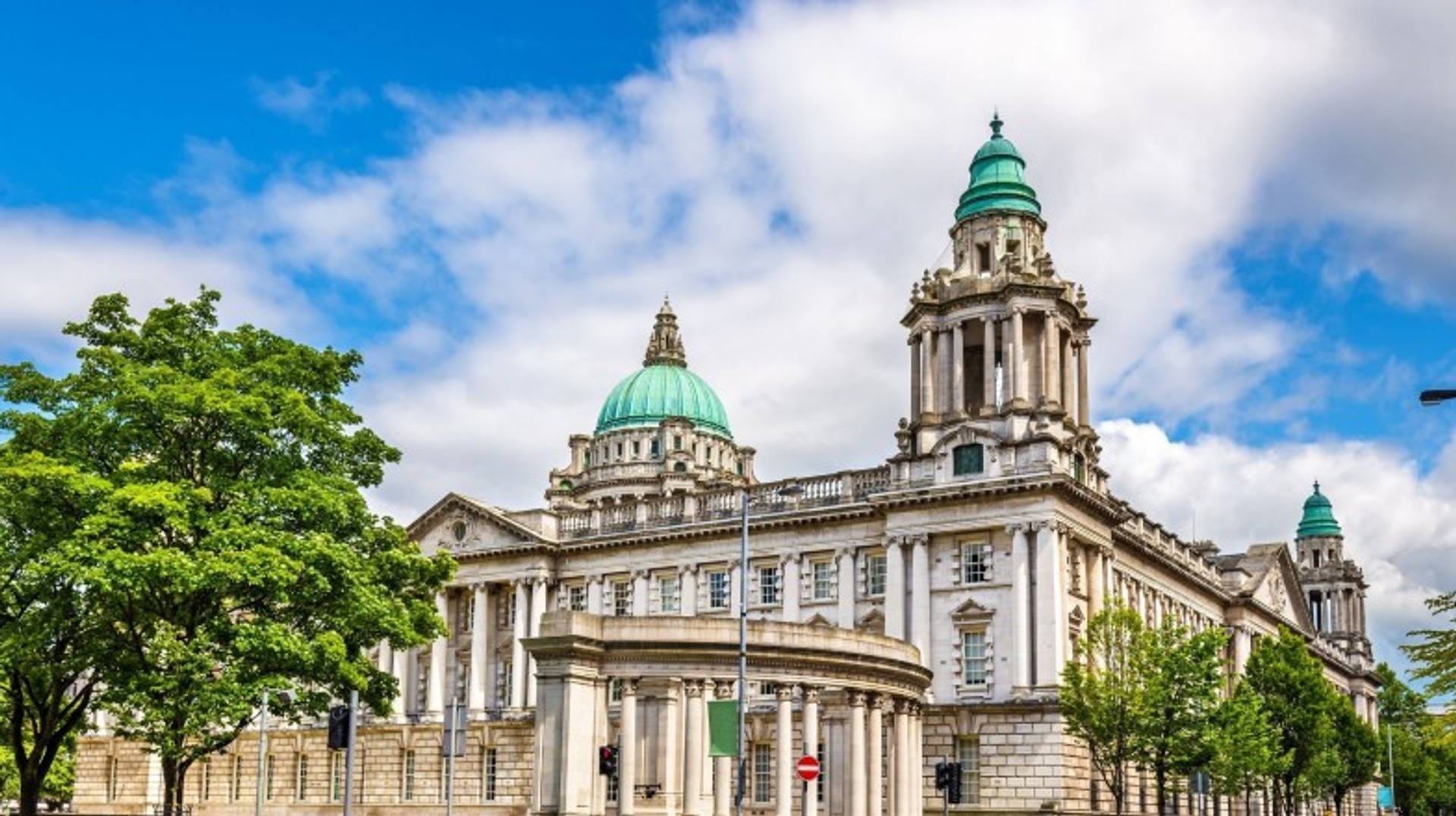 The view of Belfast City Hall on a cloudy day in Ireland in January.