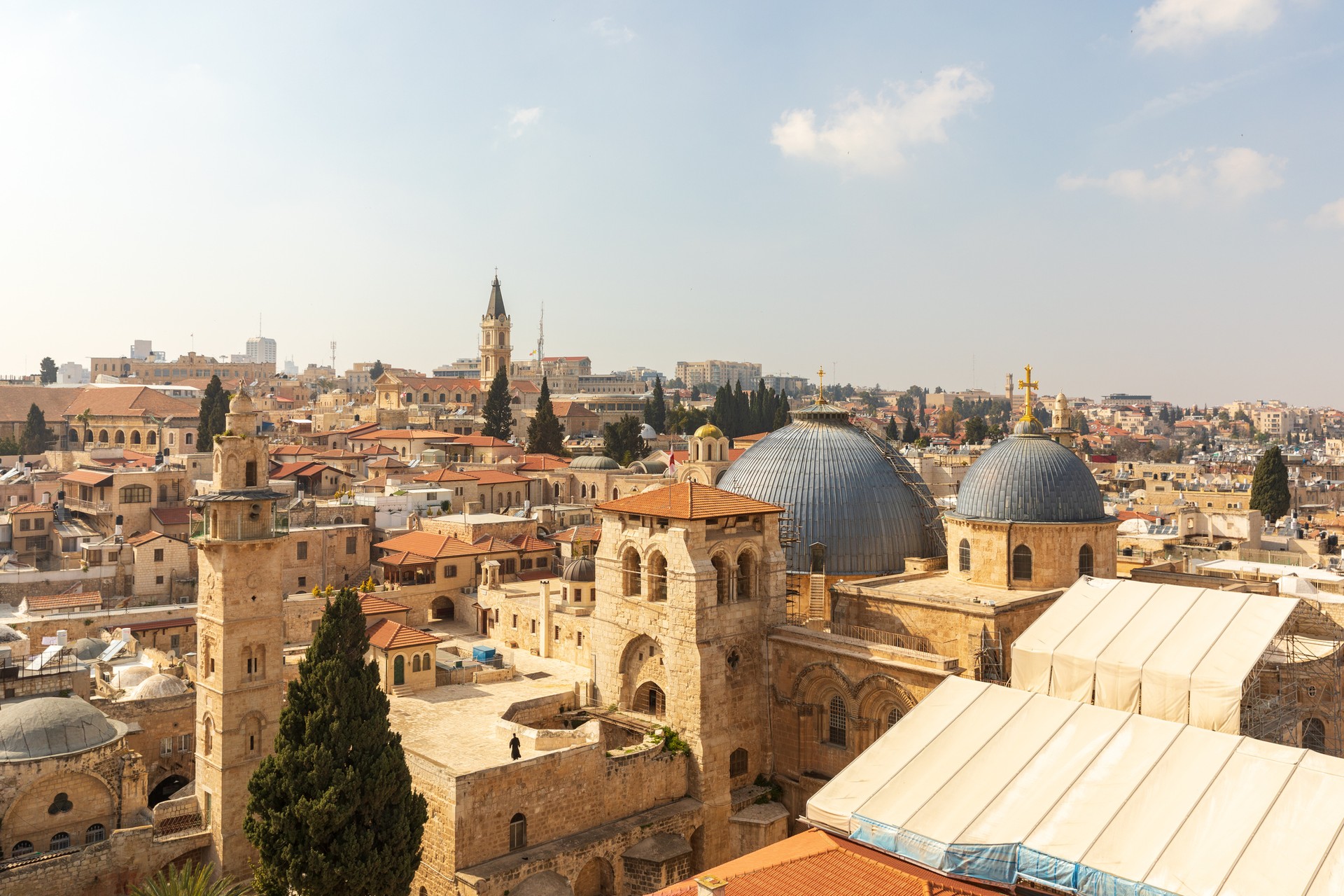 The view of the Church of the Holy Sepulchre and Omar's mosque in Jerusalem in Israel in August.