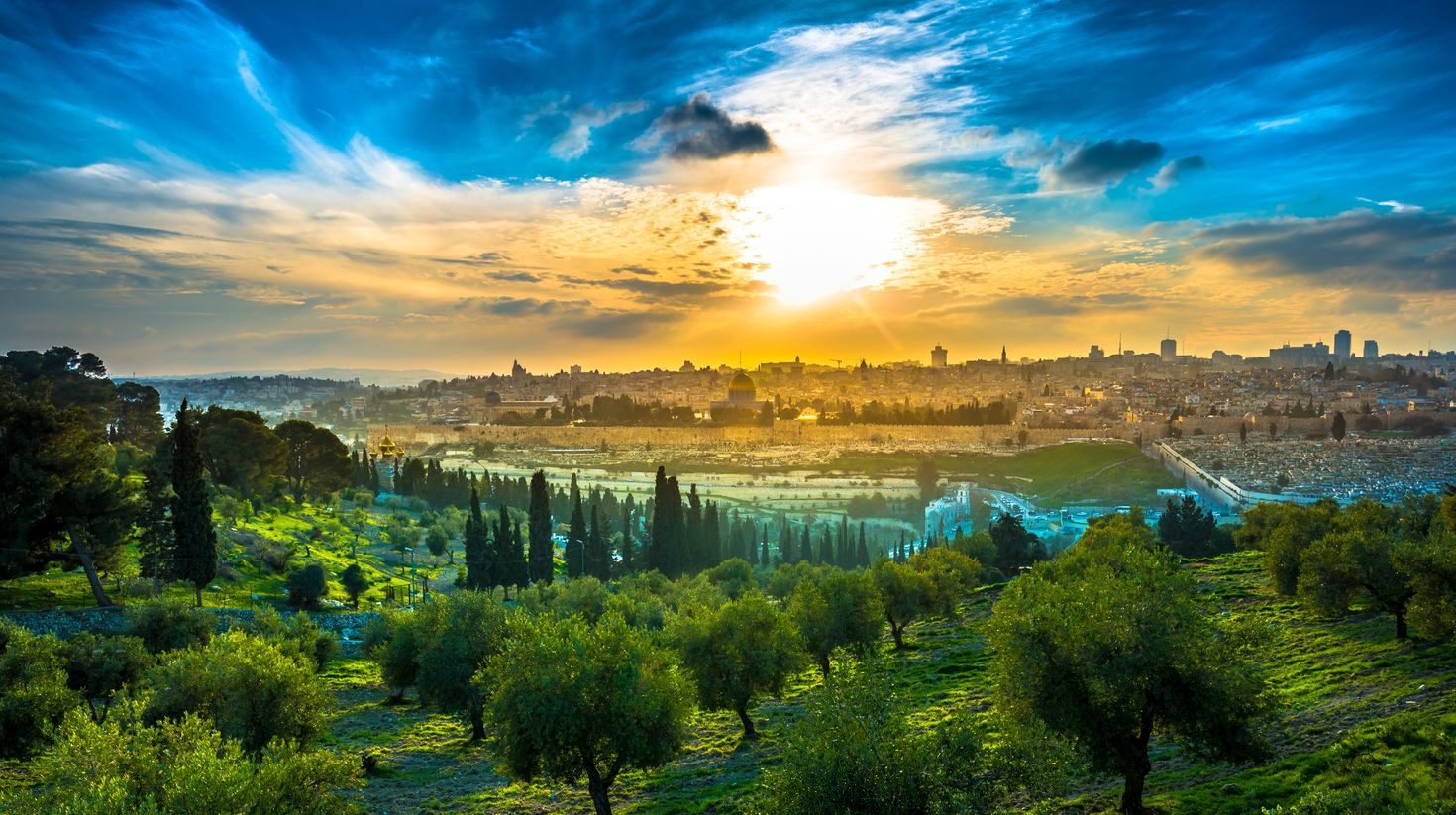 Sunset at old city of Jerusalem from Mount of Olives during August.
