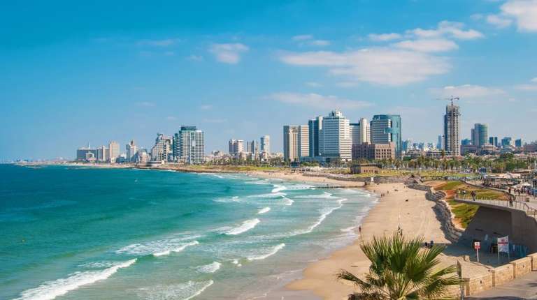 The iconic view of waterfront and beaches of Tel Aviv in Israel in March.