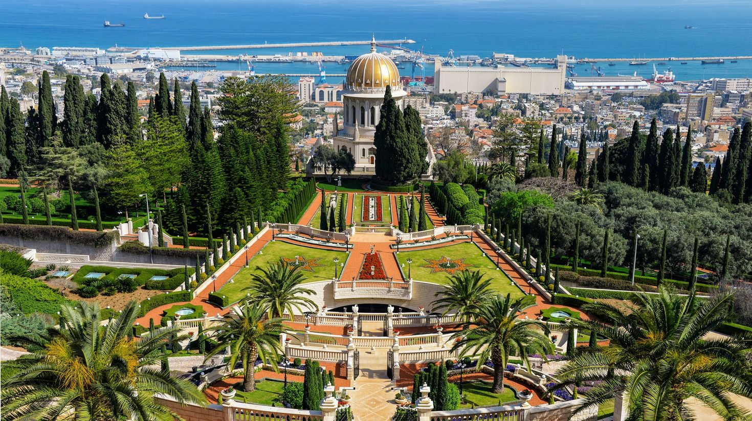 The top view of Bahaha'i World Centre gardens in Israel during November.