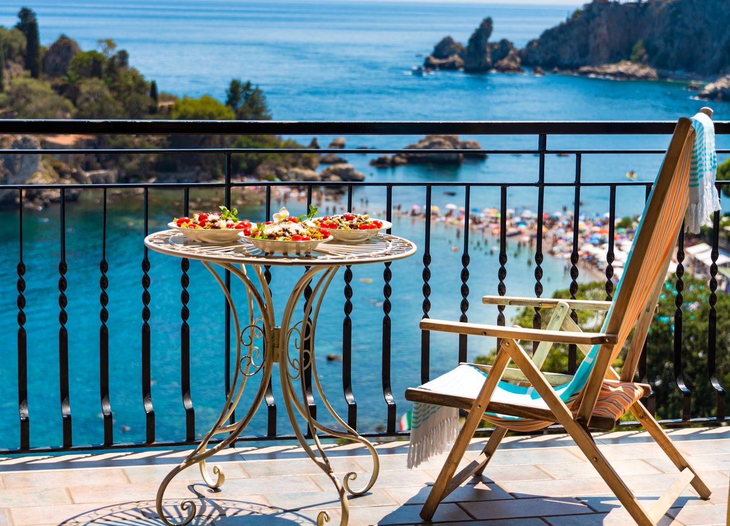 Sicilian pasta served on a sun terrace in Italy