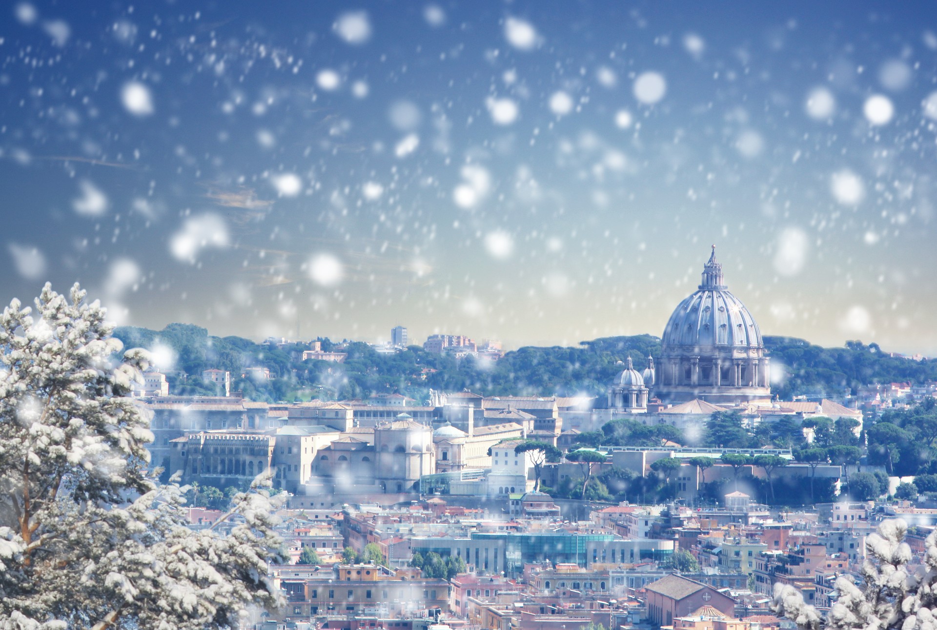 Rome truly transforms into a winter wonderland in Italy during December. Snowfall in Rome during the Christmas month at winter sunset in Italy in December.