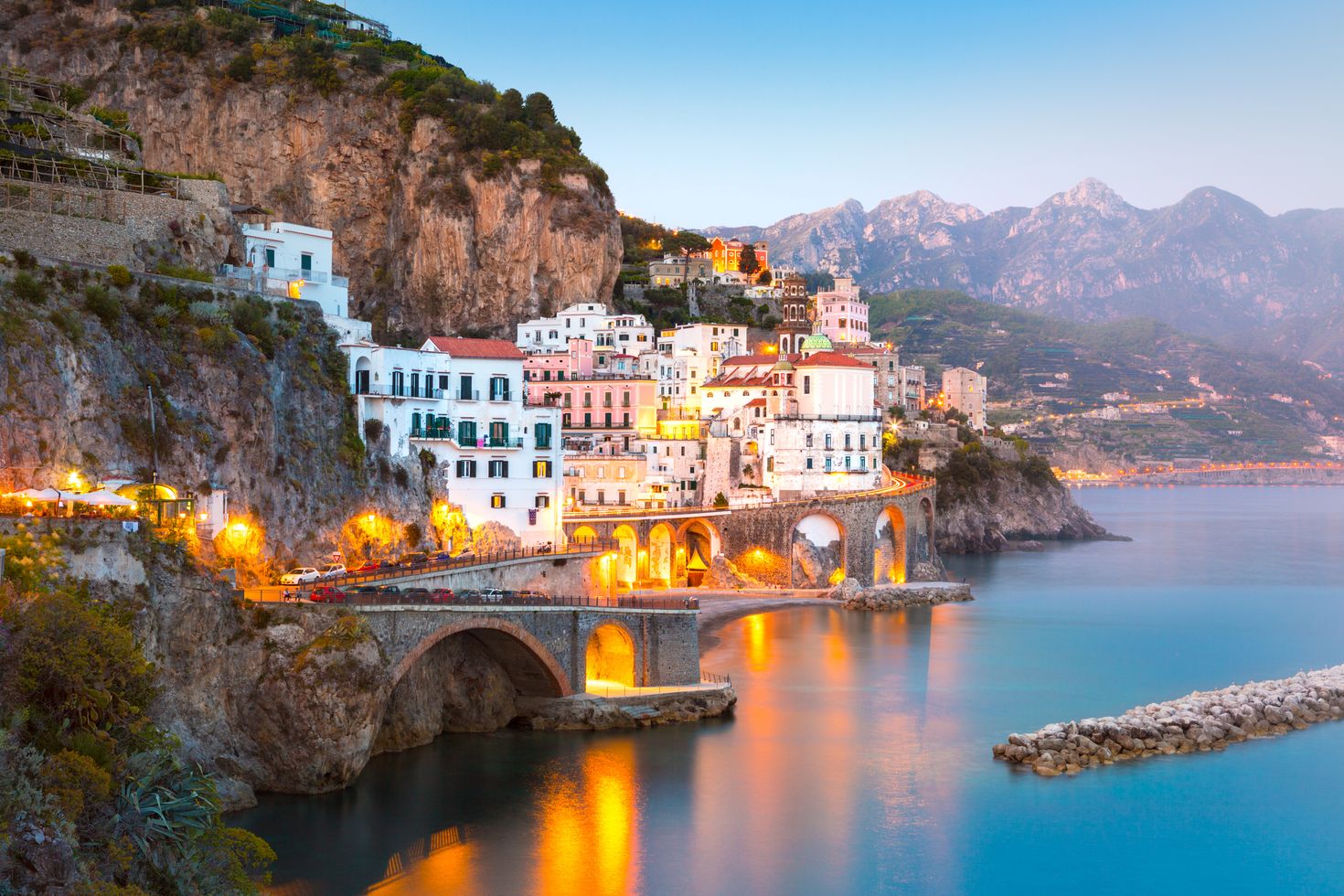 The evening view of Amalfi cityscape in Italy