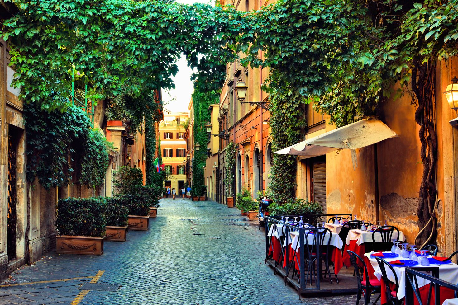 Beautiful ancient street in Rome lined with leafy vines and cafe tables, It