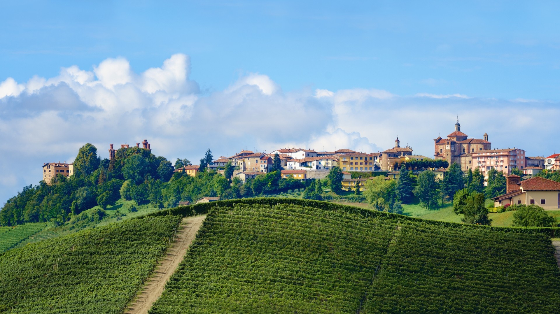 The beautiful town of Novello is one of the main villages to visit during March in Italy. Panoramic view of Novello in Italy in March.
