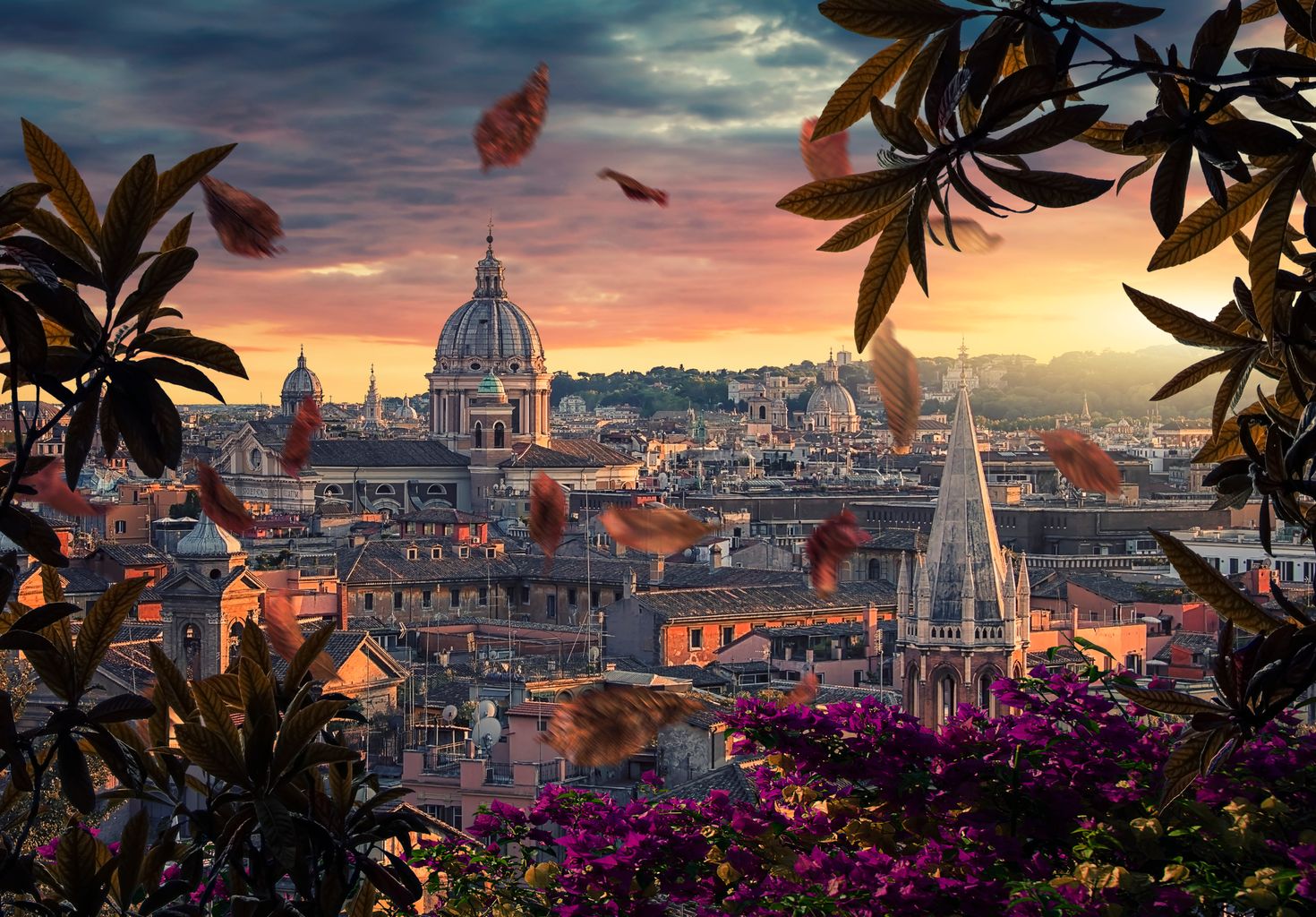 The autumn sunset in the Rome cityscape